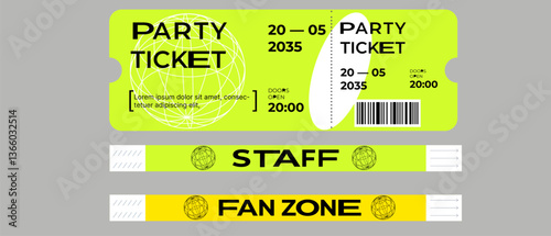 Event ticket for parties, music festival, dance festival. Security bracelets for entrance. For staff and fan zone. Neon color. Modern design. Futuristic style. With wireframe element. Printable.