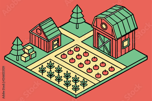 86 Miniature farm diorama, isometric view, colorful geometric shapes, wooden toy blocks, vibrant red background, teal roofs, tiny crop rows, miniature trees, playful agricultural scene, saturated colo