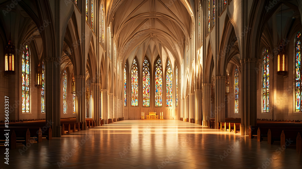 Obraz premium Spacious Grand Cathedral Interior With Stained Glass Windows
