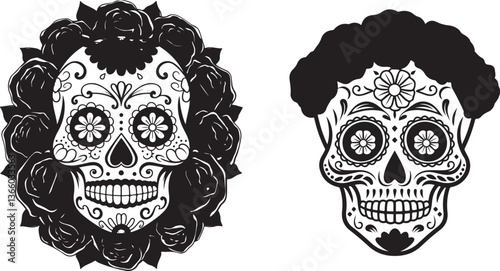 Sugar skull vector illustration with floral and ornamental elements Mexican holiday design, skull clipart art