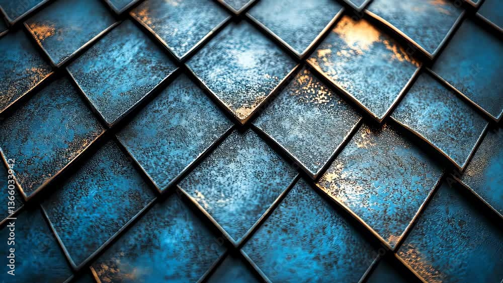 Aged blue metal tiles arranged in an overlapping scale pattern, with rust and texture adding a rugged industrial feel.

