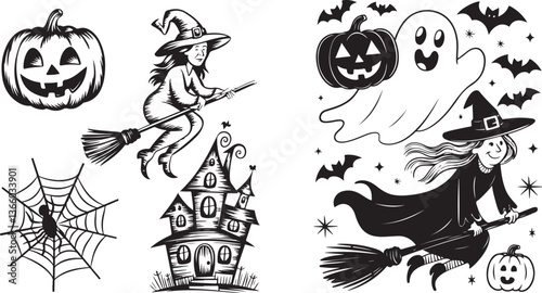 hand-drawn cartoon of Halloween elements jack-o-lantern with a smiling face, a witch on a broomstick, a spider web with a spider, and a haunted house