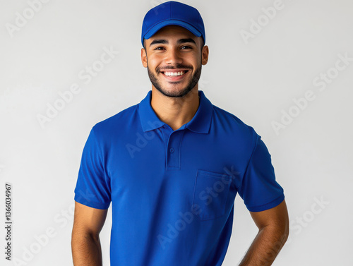smiling young man wearing blue polo shirt and matching cap stands confidently against neutral background, exuding friendly and approachable demeanor photo