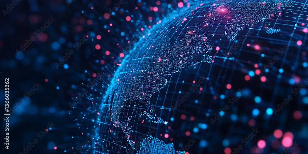 Obraz premium Abstract digital globe, blue and pink lights, network connections, showcasing global communication, data flow, technology concept