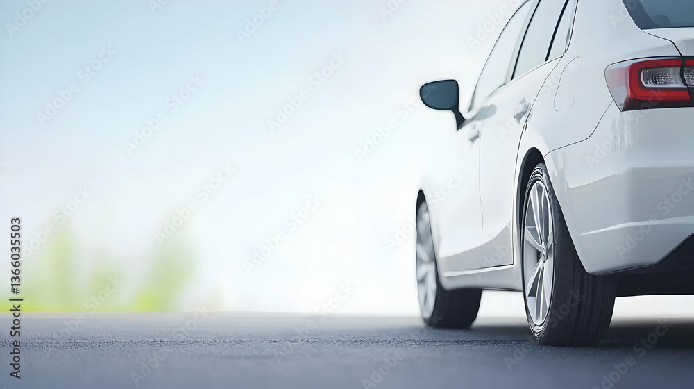 Fototapeta premium White Automobile On Paved Road With Blue Sky And Blurred Green Foliage Background