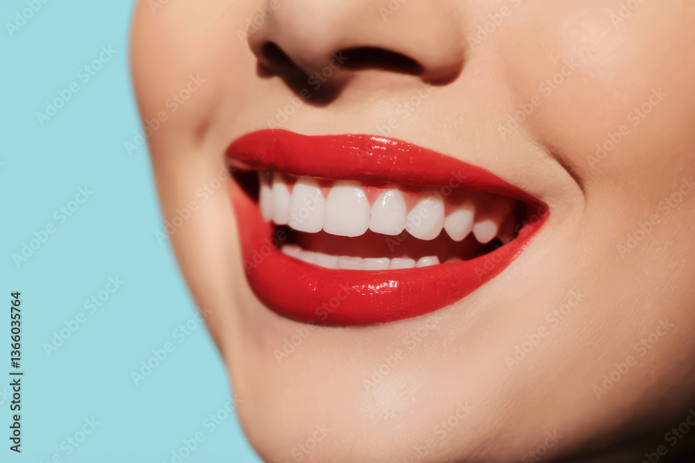 Obraz premium Radiant Close-Up of Smiling Woman with Glossy Red Lips Against Soft Blue Background