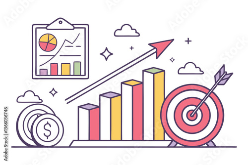 88 Flat design icon, statistical graph, bar chart, colorful columns, target with arrow, business analytics, marketing goals, performance metrics, simple illustration, pastel colors, minimalist style, 