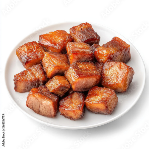 Juicy glazed pork belly cubes served on a white plate for traditional savory meat dishes