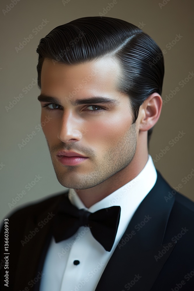 Handsome man in formal attire with slicked-back hair posing confidently for a portrait in a softly lit indoor setting Handsome man in formal attire with slicked-back hair posing confidently for a portrait in a softly lit indoor setting