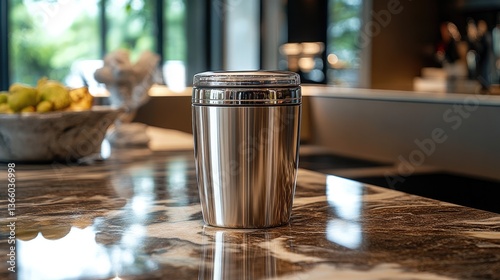 A stainless steel thermal cup, high-quality and with a lid, rests on a marble countertop that reflects its elegance, ideal for stylish sipping.