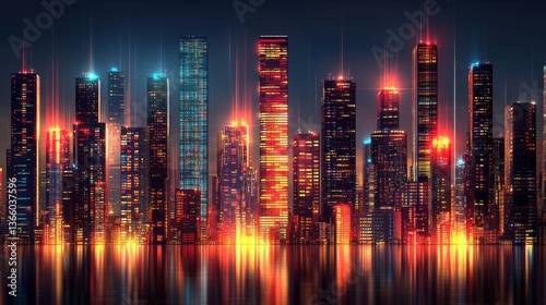 Wallpaper Mural Cyberpunk Cityscape: Futuristic Skyscrapers Reflecting in Dark Water with Glowing Lights and Data Streams Torontodigital.ca