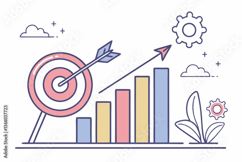 88 Flat design icon, statistical graph, bar chart, colorful columns, target with arrow, business analytics, marketing goals, performance metrics, simple illustration, pastel colors, minimalist style, 