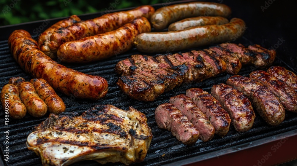 Assorted grilled meats and sausages on a barbecue grill. Assorted grilled meats and sausages on a barbecue grill.