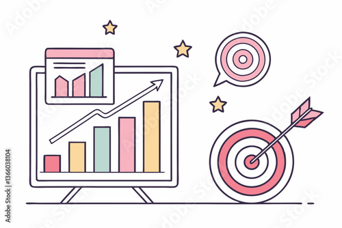 88 Flat design icon, statistical graph, bar chart, colorful columns, target with arrow, business analytics, marketing goals, performance metrics, simple illustration, pastel colors, minimalist style, 