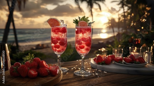 Beach sunset cocktails, tropical fruits, romantic dinner