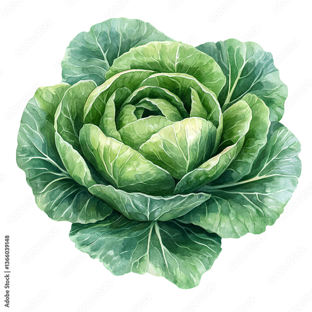 Fototapeta premium A watercolor-style illustration of a head of cabbage.