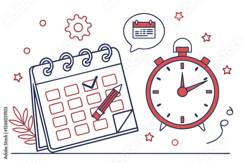 89 Calendar icon, clock icon, time management, schedule planning, appointment reminder, red and blue color scheme, flat design, minimalist illustration, vector graphics, digital planner, time tracking