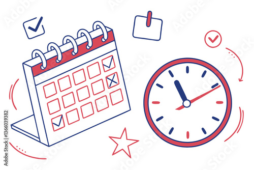 89 Calendar icon, clock icon, time management, schedule planning, appointment reminder, red and blue color scheme, flat design, minimalist illustration, vector graphics, digital planner, time tracking