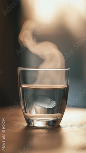 Steam rising from a glass of hot water placed on a wooden table in a cozy indoor setting during the evening