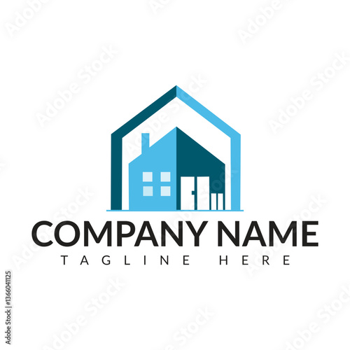real estate corporate logo. Real estate logo vector template. Corporate real estate logo Initial Letter R Logo. Orange and White Geometric Shape Origami Style isolated on Blue Background. Flat Vector