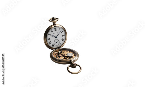 A vintage pocket watch with Roman numerals, slightly open