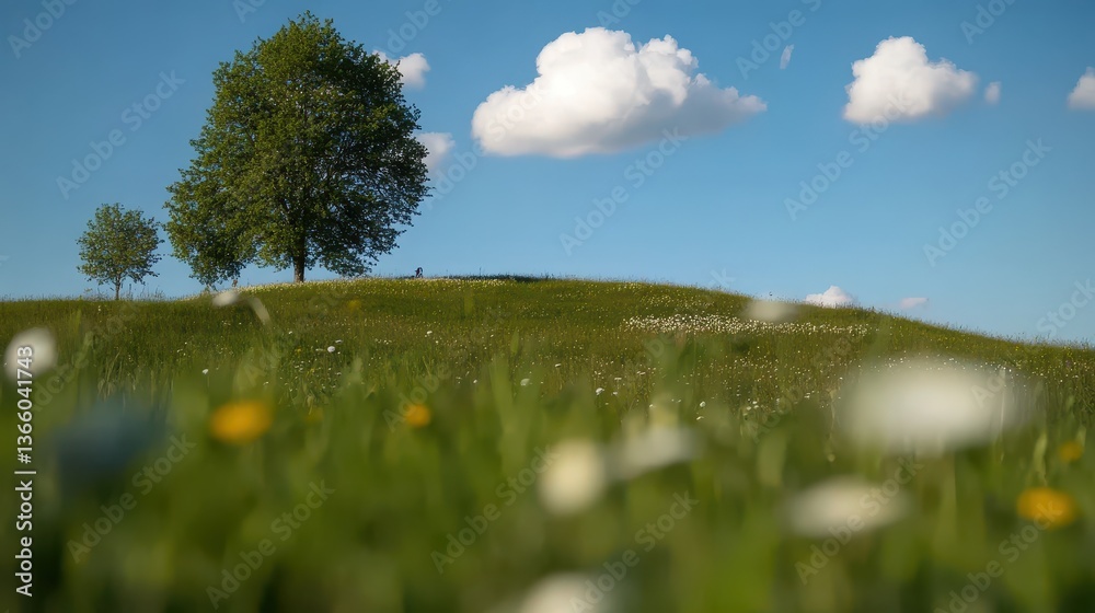 Fototapeta premium Serene Landscape Featuring Lush Green Grass, Isolated Tree, Fluffy Clouds and Blue Sky on a Bright Day Surrounded by Wildflowers