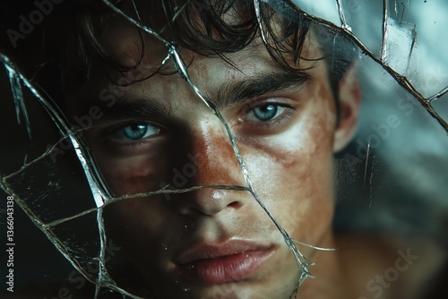 Man staring at cracked mirror, fragmented reflection distorting his solemn expression