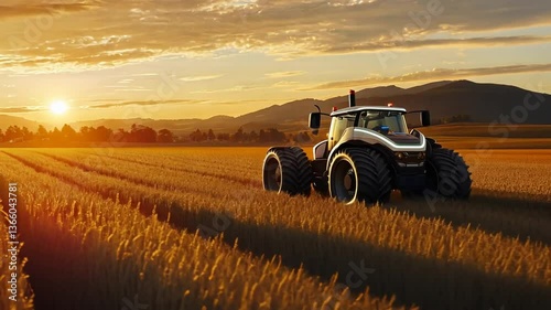 Autonomous Tractor in Golden Wheat Field at Sunset