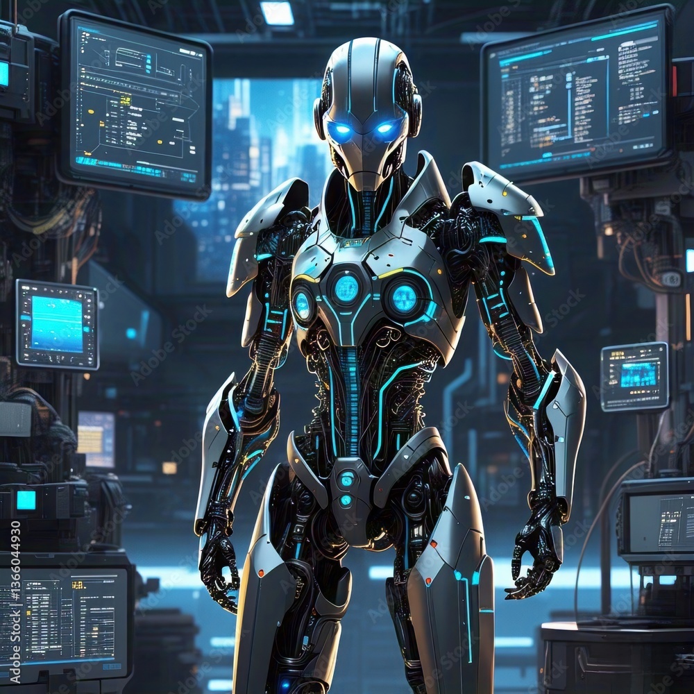 Naklejka premium Cybernetic Humanoid with Glowing Circuits and Futuristic Armor 4K HD High Quality Image Wallpaper Background