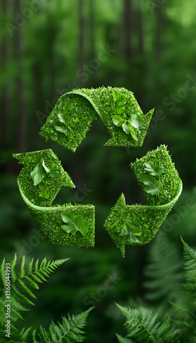 Green recycle symbol made of foliage on a forest background