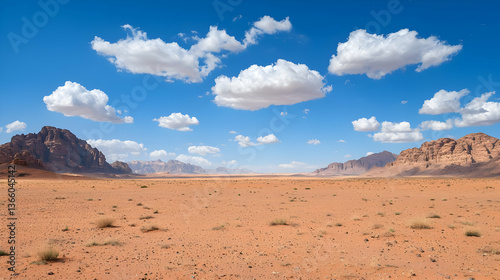 Desert Landscape With Mountains Under Sunny Sky Panorama