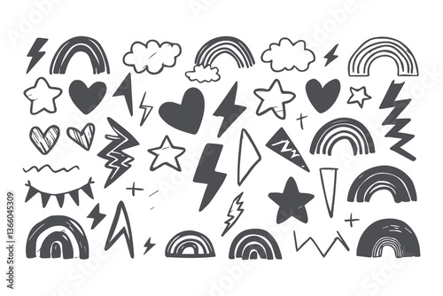 Whimsical Crayon Doodle Set. Hand-Drawn Abstract Shapes Featuring Hearts, Rainbows, Stars, Clouds, Lightning, and Playful Geometric Elements with Childlike Artistic Charm Vector Illustration