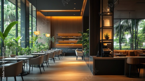A dining area characterized by sleek decor and a tranquil atmosphere in a minimalist business hotel, ideal for informal meetings or solo dining moments, complete with copy space.