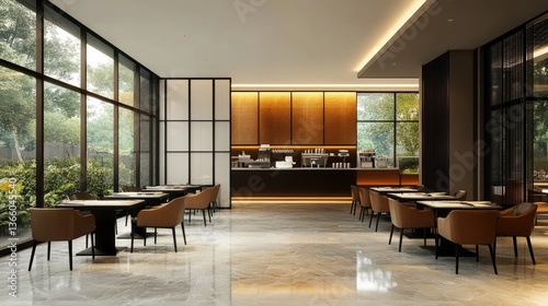 A dining area characterized by sleek decor and a tranquil atmosphere, ideal for informal meetings or solo dining moments, in a minimalist business hotel, complete with copy space.