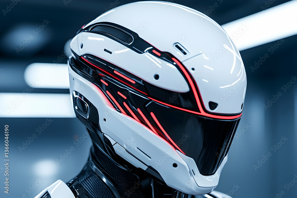 Fototapeta premium Futuristic white helmet with red accents, sleek design