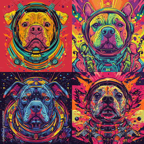 Colorful pop art illustration of four pitbull dogs in astronaut suits, vibrant neon space theme, modern digital art, ideal for posters, t-shirts, and futuristic pet designs.