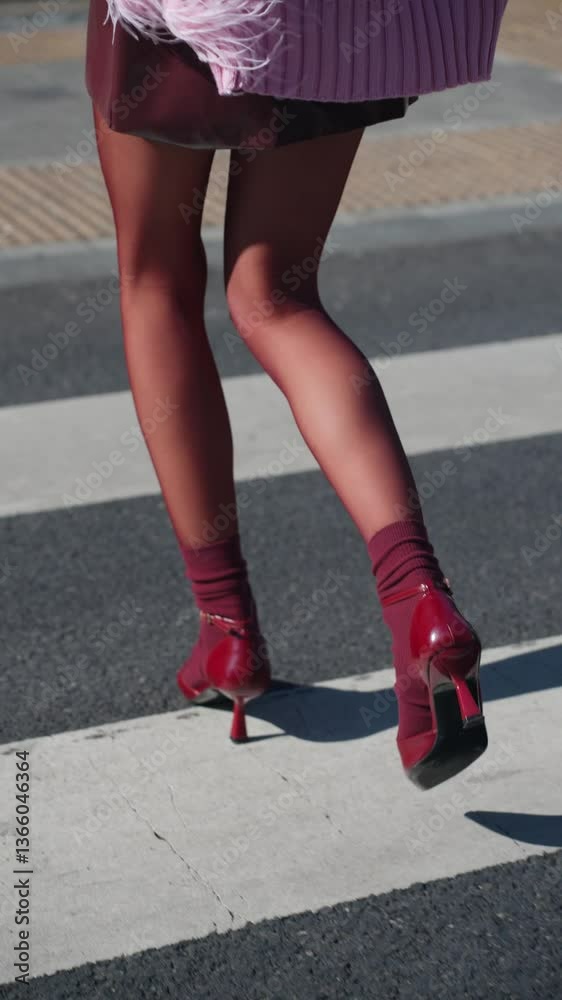 Vertical: A confident woman strides across a crosswalk wearing bold red heels and matching socks, exuding poise and elegance under the bright sunlight in a bustling urban setting - tracking Vertical: A confident woman strides across a crosswalk wearing bold red heels and matching socks, exuding poise and elegance under the bright sunlight in a bustling urban setting - tracking