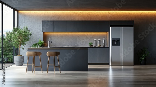 A sleek kitchen featuring a modern refrigerator with a top freezer compartment, ideal for creative or promotional imagery of culinary innovations.