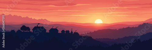 Sunset Over a Quiet Mountain Village - Minimalist Vector Art