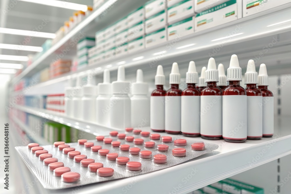 Obraz premium Bottles and Tablets Arranged on a Pharmacy Shelf Generative AI