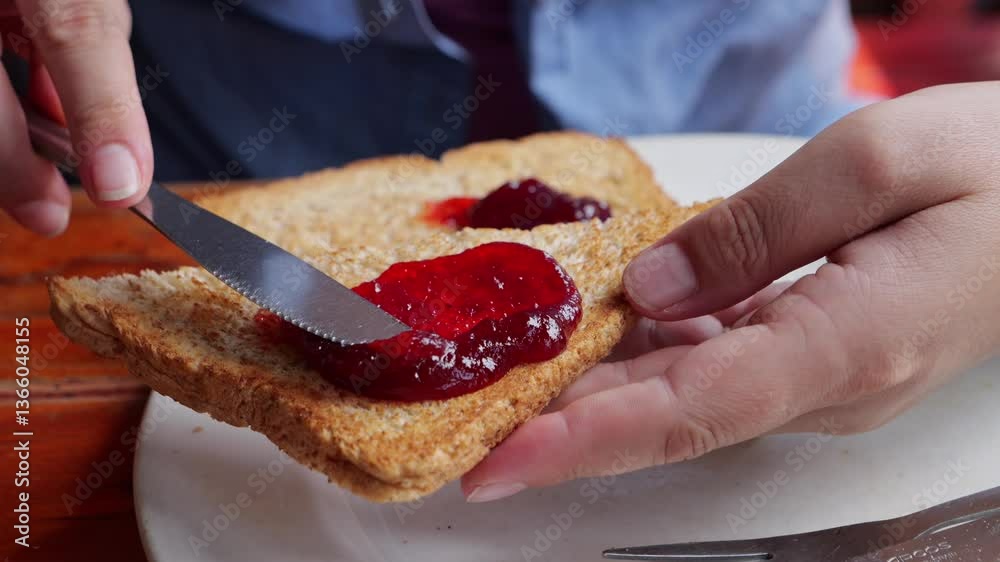 Closeup: European woman's hands spread blobs of red jam evenly across dry toast using stainless steel butter knife