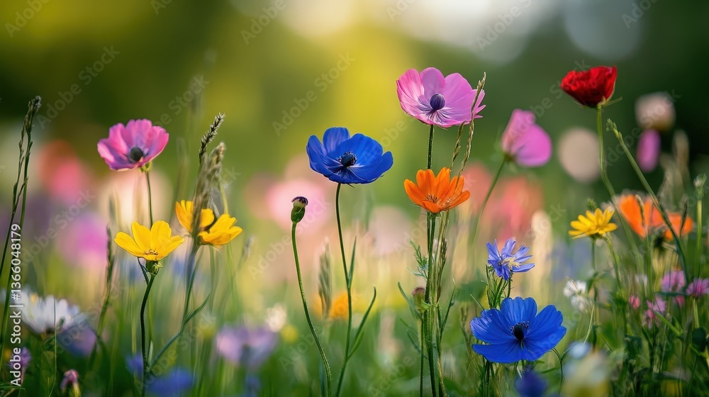 Obraz premium Vibrant wildflowers swaying in new standard nature photography blooming field close-up floral beauty