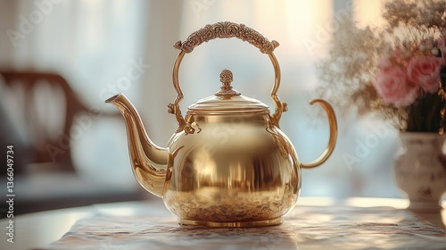 Against a soft-focus background, a polished brass tea kettle with an ornate handle gracefully displayed, radiating elegance.