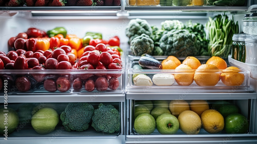 A pristine fridge filled with fresh fruits, vegetables, and dairy stored separately promotes healthy habits. A pristine fridge filled with fresh fruits, vegetables, and dairy stored separately promotes healthy habits.