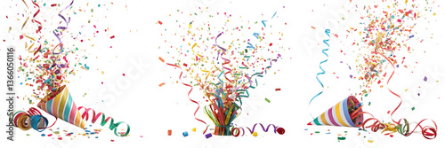 Set of a confetti exploding in a party hat isolated on a transparent background