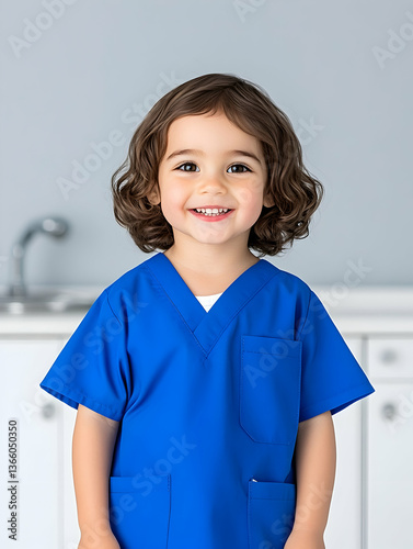 Happy toddler in blue medical scrubs smiling
