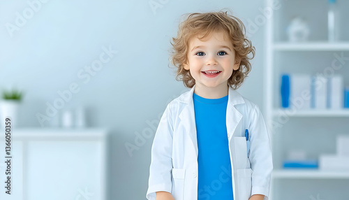 Happy toddler in doctor's coat smiling in a clinic
