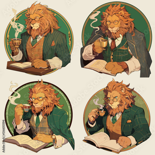 A wise lion in Victorian attire, sipping tea and reading a book. The lion exudes intelligence and elegance, capturing a scholarly, sophisticated vibe with a warm, vintage atmosphere.

