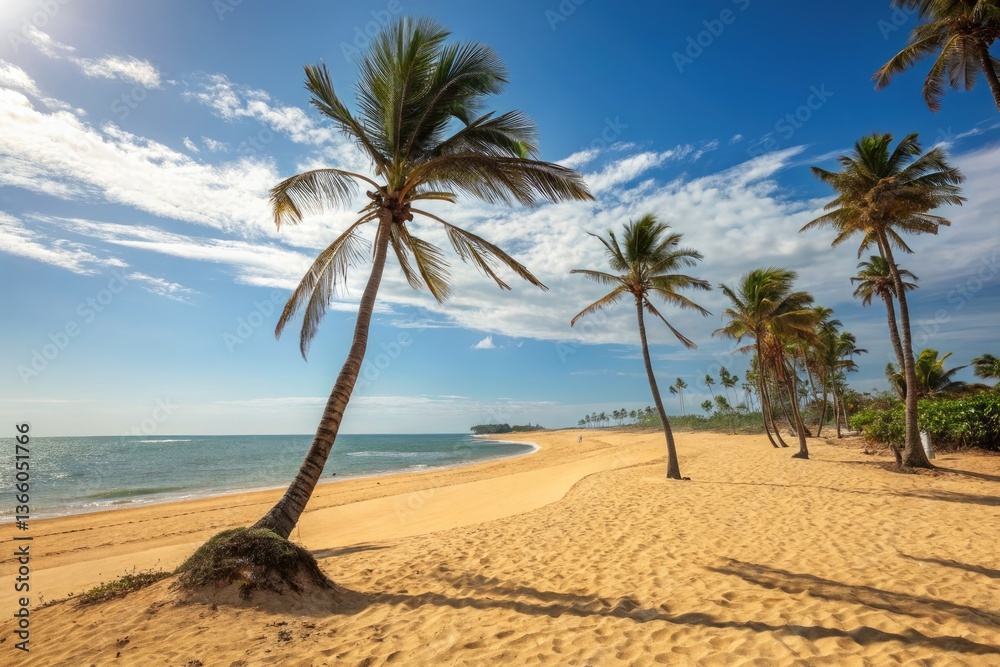 Obraz premium Beautiful Sandy Beach With Palm Trees and Clear Blue Sky Generative AI