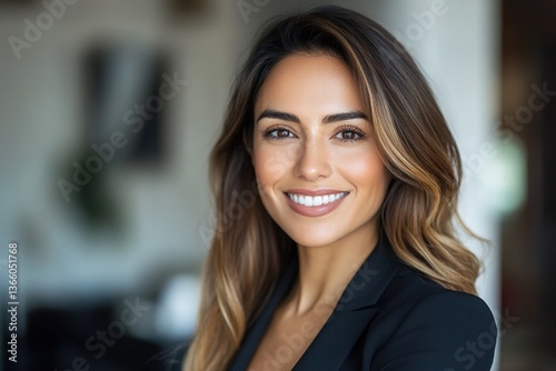 Head shot portrait, beautiful smiling Latina woman posing indoor. Close up profile picture of professional businesswoman, teacher or financial advisor looking at camera with smile, exude competence